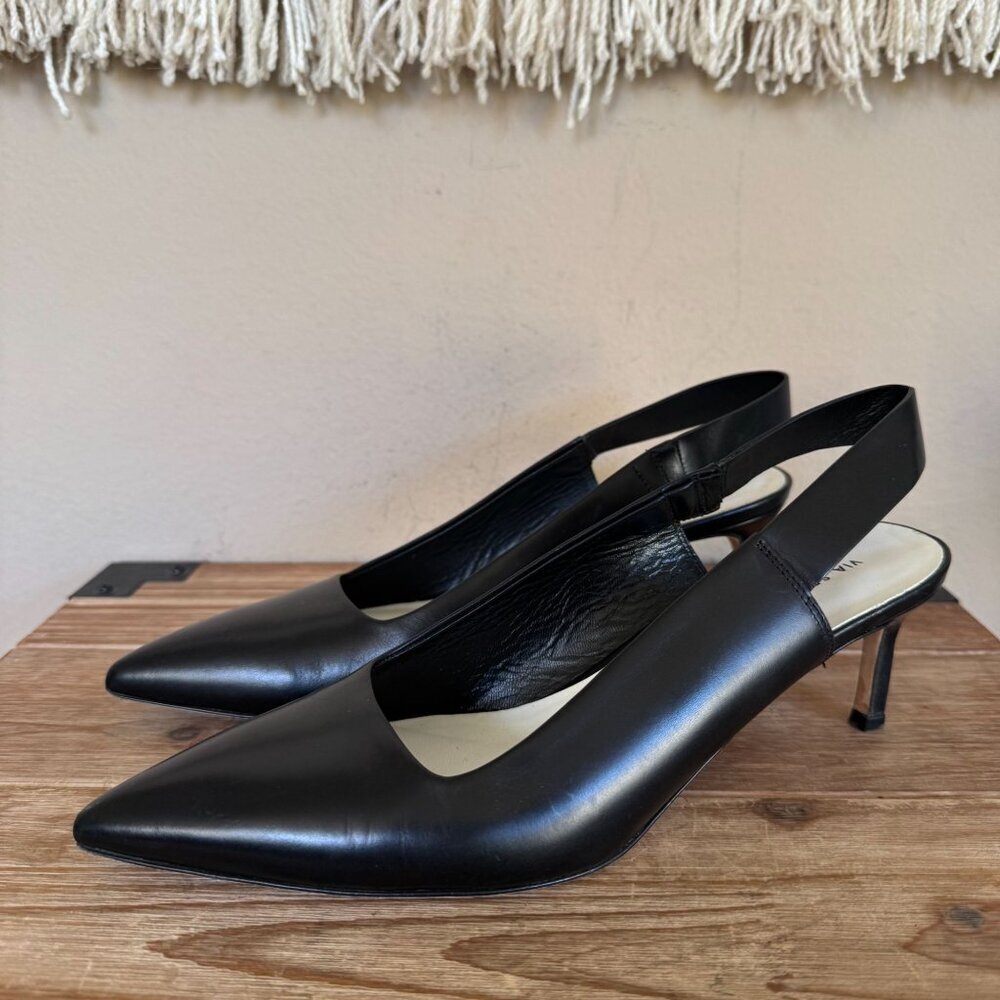 Via Spiga Black Box Calf Leather Pointy Toe Mid Heel Sling‎ Back Heels Size 7.5